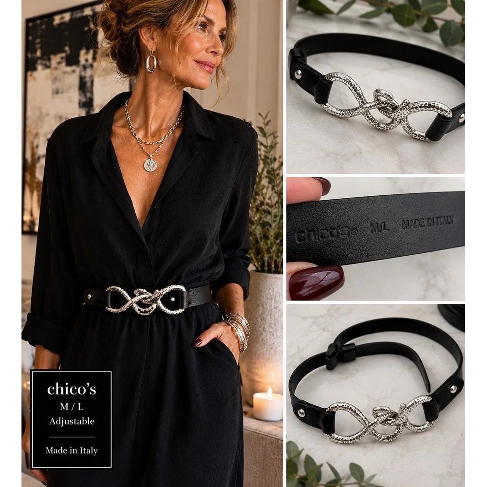 Chico's Black Leather Statement‎ Belt Hammered Silver Adjustable M/L